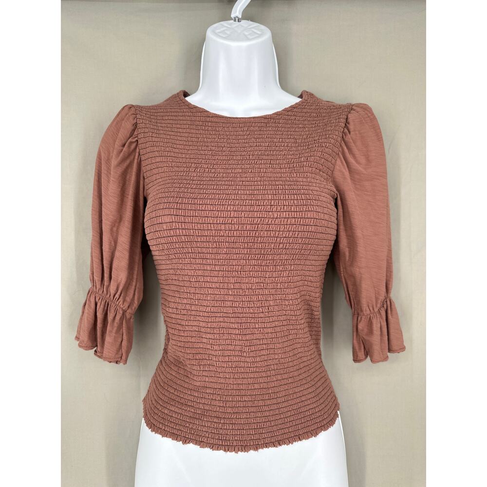 Nation LTD Top Womens XS Brown Bardot Puff Sleeve Smocked Pima Cotton